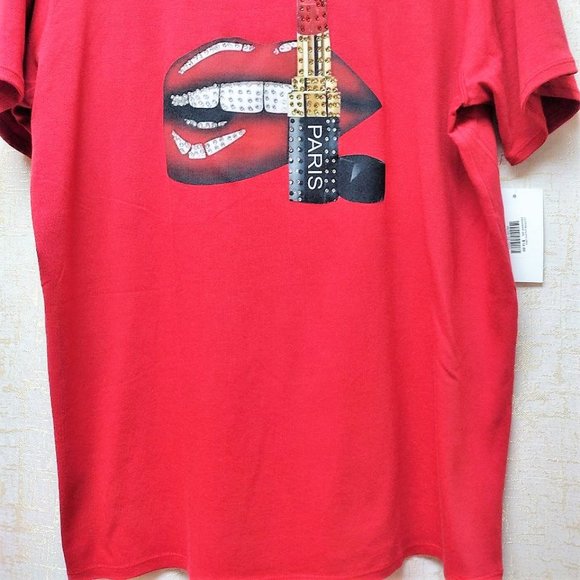 Sexy Lips, Rhinestone plus size, Bling Tee, Exclusive. Handmade. RED - Picture 3 of 7